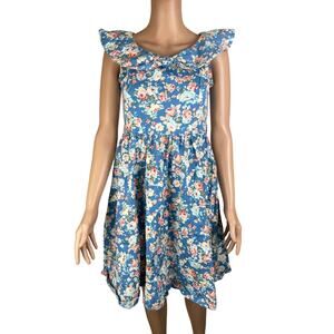 Lindy Bop blue floral peter pan collar knee length dress size L vintage cottage
